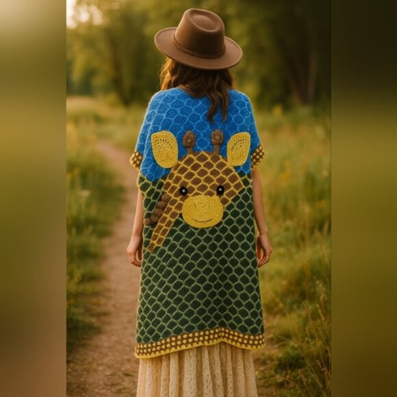 Artisan Handmade Giraffe Wrap O/S Crochet Cape Maxi Cardigan Afghan Grandmacore